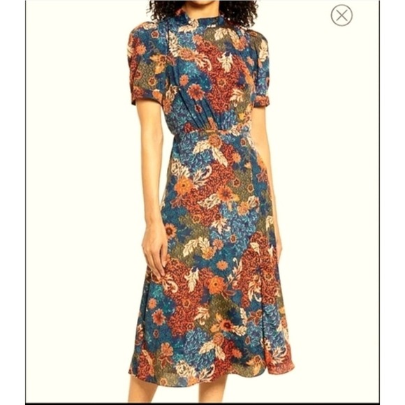 julia jordan Dresses & Skirts - Julia Jordan Women's Navy‎ Fall Floral Puff Sleeve Midi Dress Tie Neck Sz 14